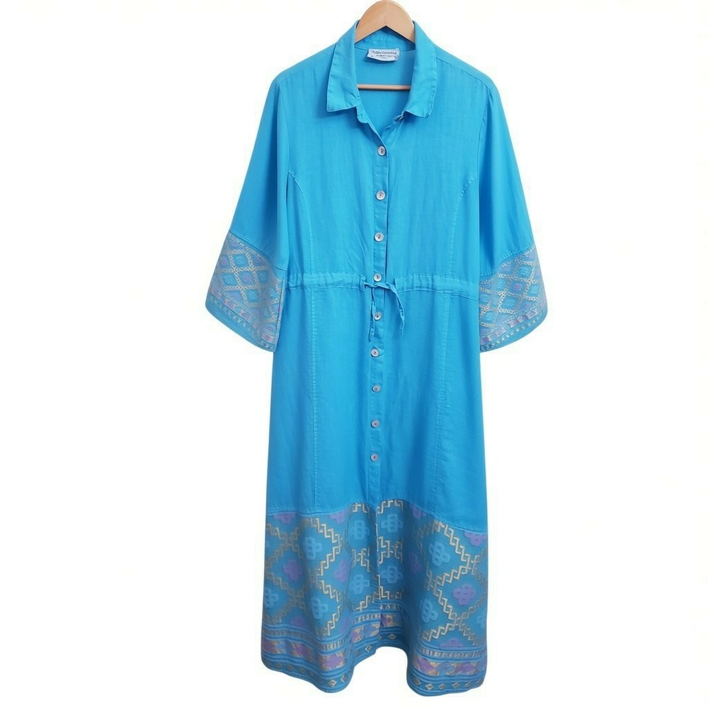 Haris Cotton 100% Linen Turquoise Embroidered Button Front Maxi Shirt Dress, XL